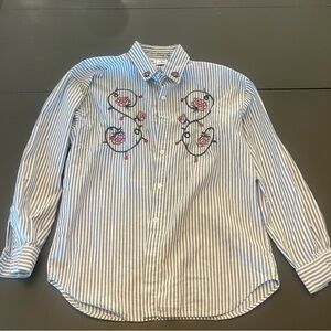 Striped Green & White Embroidered Button-Up Shirt